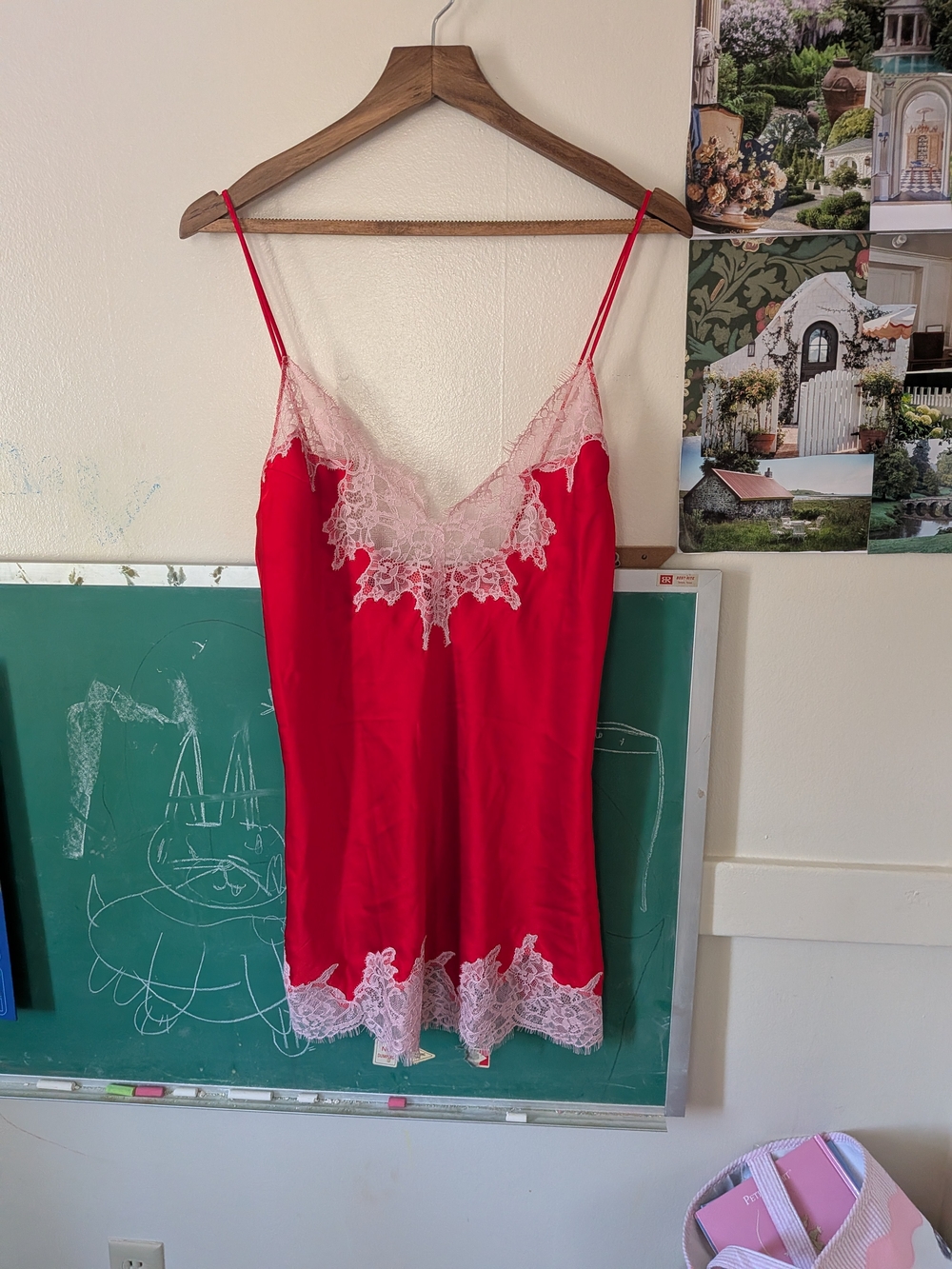 SKIMS Red Slip with Cream Lace Trim
